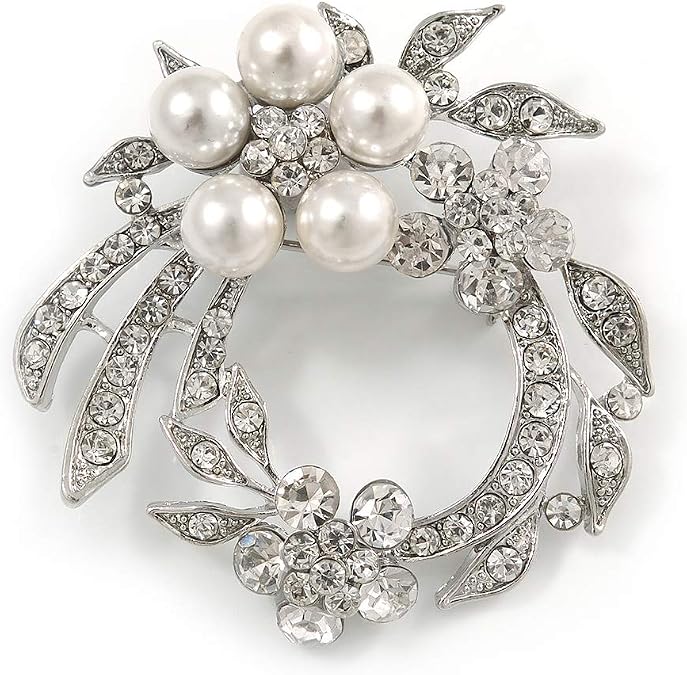 White Synthetic Pearl/Clear Crystal Wreath Brooch In Rhodium Plating - 5cm Diameter