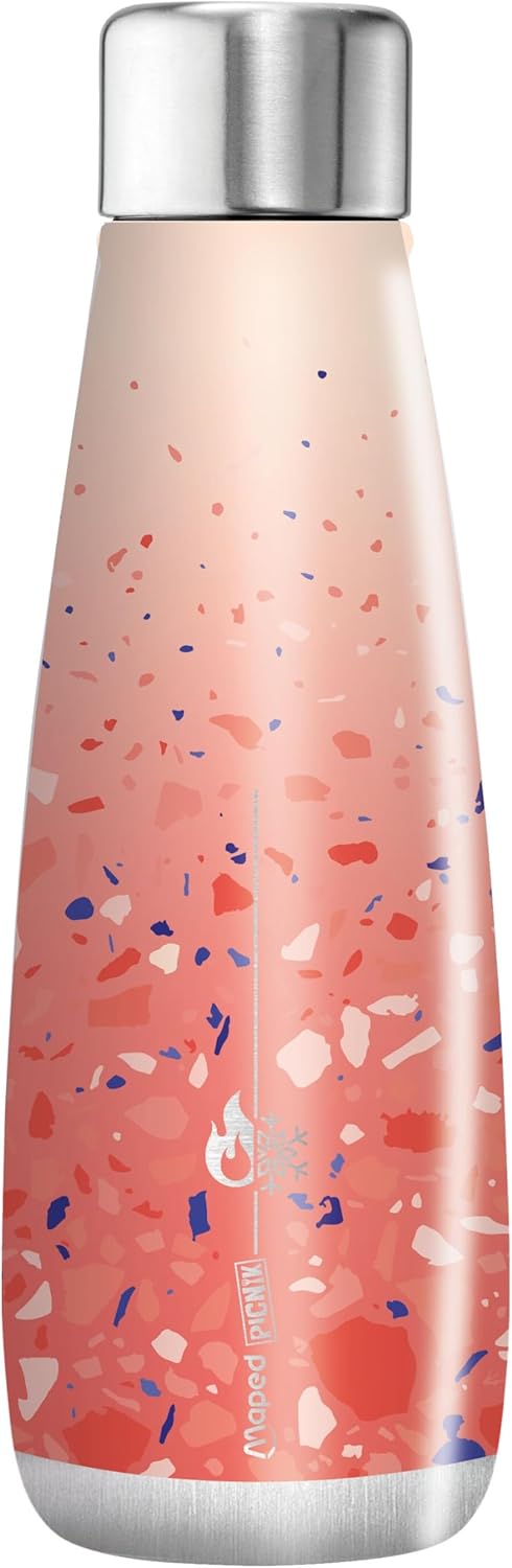 Maped Picnik Insulated Stainless Steel Water Bottle, Leakproof Bottle, Double Walled, Cold and Hot Storage, Terrazzo Decoration, 500ml