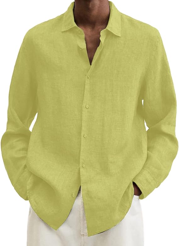 Mens Button Down Long Sleeve Shirts Casual Stylish Solid Cotton Linen Shirts for Men