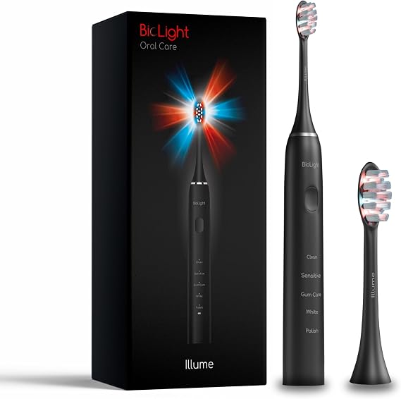 BIOLIGHT Illume Sonic Electric Toothbrush with Red & Blue Light Therapy Professional Whitening, Gum Care & Advanced Oral Hygiene - Black