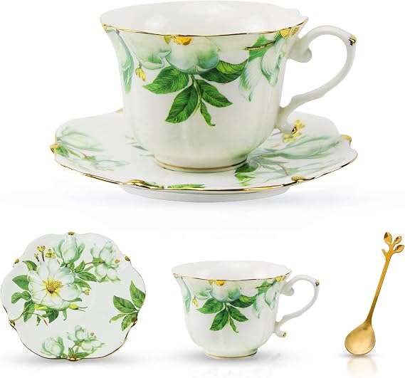 Country Roses Porcelain Tea Cup and Saucer Set with Gold Trim, Vintage Style, For Women and Tea Parties (1, Green)