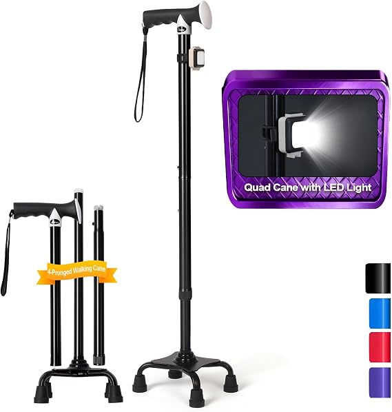 Quad Cane (300 lbs) - Adjustable Walking Cane with Large 4-Pronged Base & LED Light, Extra Balance & Stability Walking Stick for Seniors, Men & Women