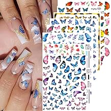 8 Sheets Butterfly Nail Stickers - 3D Self-Adhesive Pink & Blue Colorful Butterfly Wings Designer Stickers for Women & Girls DIY Nail Art Decoration