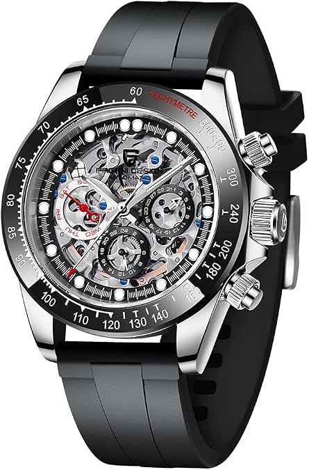 TYBERLEY Pagani Design Luxury Men's Automatic Mechanical Watch Jewel Rainbow Bezel Skeleton Dial Stainless Steel 100M Waterproof Luminous Multifunctional Sport Chronograph Watches