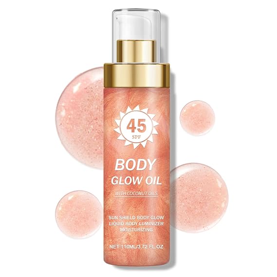 Body Glow Oil,SPF 45 Broad Spectrum Shimmer Body Oil-02 Rose | Sunscreen Body Shimmer Oil with Coconut, Water Resistant, Lightweight Non-Sticky, Radiant Glow, Deeply Moisturizing