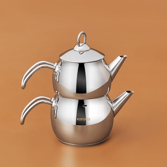 Karaca Adelya Stainless Steel Induction Teapot Set with 0.65L Teapot & 1.1L Tea Kettle, Traditional Turkish Tea Set Brewing System, Dishwasher Safe, Silver