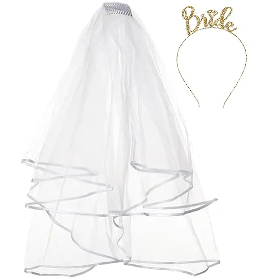 RhinestoneSash Bride Veil - SET OF 2: Gold Sparkle Diamond Bride Headband & White Tulle Veil - Veils for Bachelorette Party
