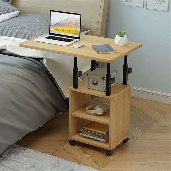 WANLIAN Side Table C Shaped End Table with Lockable Wheels Height Adjustable Mobile Couch Desk Table,Sofa Bedside Laptop Stand TV Tray with Storage Shelves, Snack Side Table (Yellow)