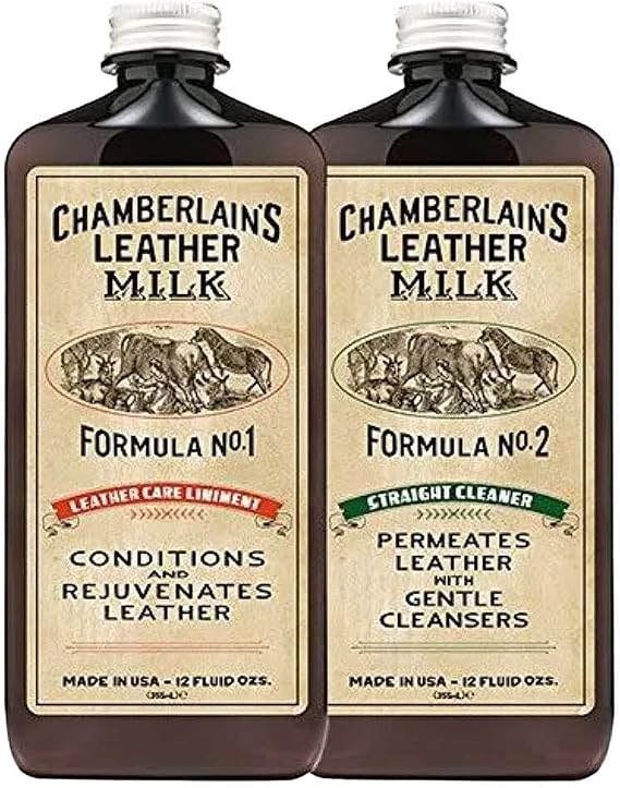 Chamberlains Leather Milk Cleaner Kit - Conditioner No. 1 and Cleaner No. 2, (2) 12 Ounce Bottles + 2 Premium Restroation Pads