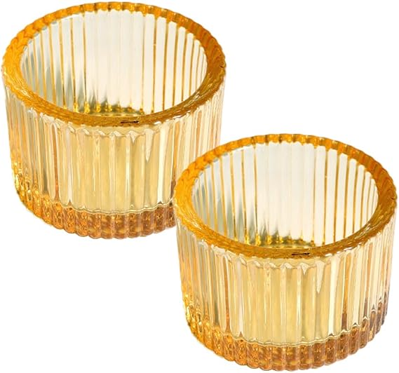 Clear Tealight Candle Holder Set of 2,Glass Votive Candle Holders, Decorative Round Ribbed Candle Holders for Home Decor (Champagne)