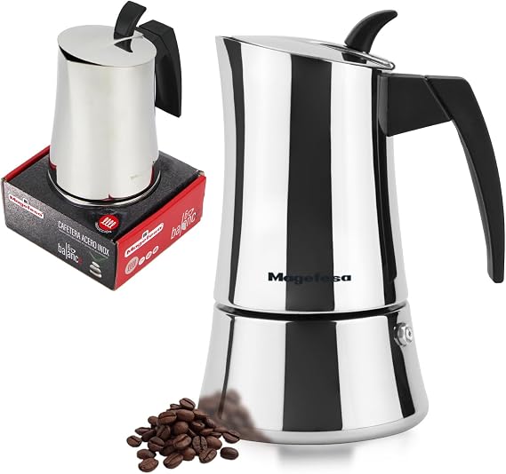 Magefesa Balance 6-Cup Stainless Steel Espresso Moka Pot Classic Italian Coffee Maker with Bakelite Handle & Knob Greca Coffee Maker Compatible with All Types of Stovetops including Induction