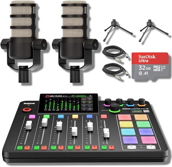 Rode RODECaster Pro 2 with Rode PodMic Dynamic Podcasting Microphone, Desktop Microphone Stand, 32GB microSD Card, XLR Cable and StreamEye Cloth (Two-Person Bundle)