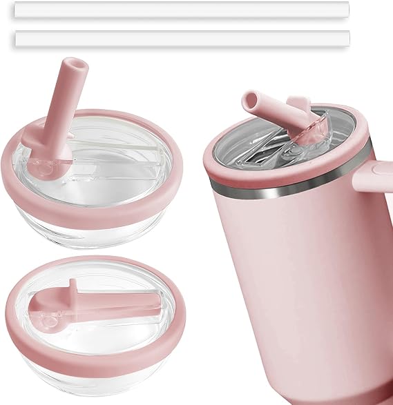 2pcs Leakproof Lid with Straw for Stanley Replacement,No-Spill Cup Lids for Stanley Quencher,Tumbler Flip Straw Lid for Stanley Accessories (Pink, 30oz)
