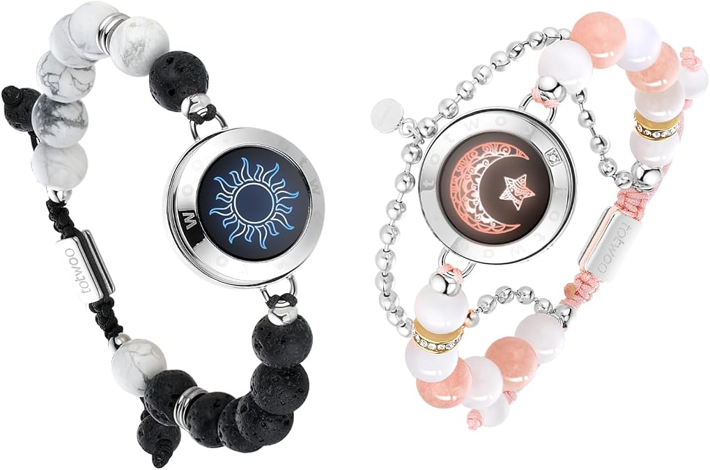 TOTWOO Long Distance Touch Bracelets with Vibration Function Smart Jewellery His and Hers Couples Matching Bracelets Sun and Moon Pattern Pair One-to-One via Bluetooth Couple Gifts Love Relationship