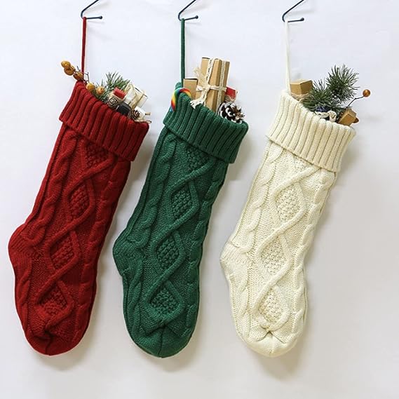 Lovely Christmas Stocking 3 Pack 18 Inches Large Size Knitted Xmas Rustic Stocking for Xmas Tree Fireplace Hanging Ornaments Decoration