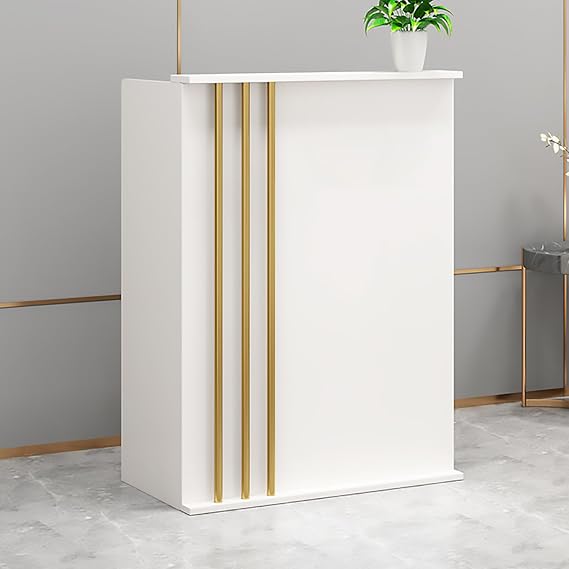 Small Office Desk with Lockable Drawers, Modern Cashier Front Desk with Counter, White