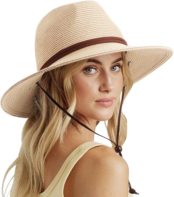 DRESHOW Womens Summer Straw Sun Hat Wide Brim Bucket Hats Fedora Hat Panama Beach Hat with Chin Strap UPF 50+