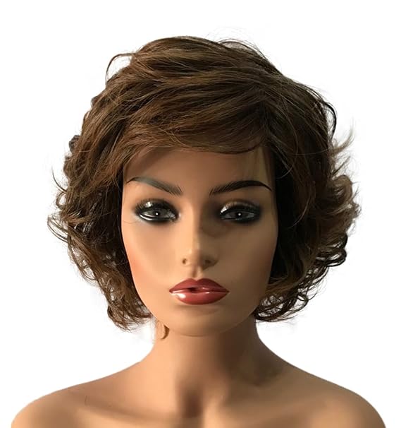 Wiginway Curly Wavy Wig Synthetic Hairpiece for Women Natural Style Medium Golden Brown Full Wigs 8 Inch