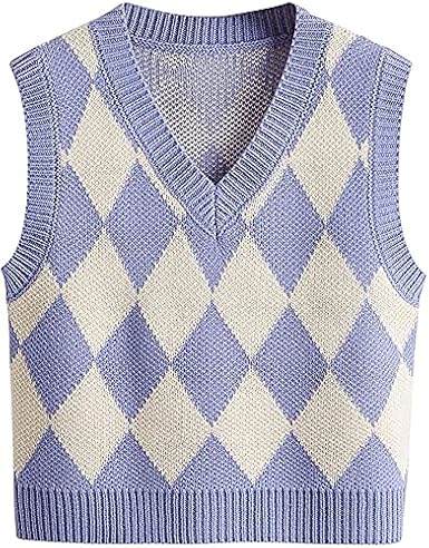 Women V Neck Cute Argyle Preppy Style Knit Vest Sweater for Women Sleeveless Tank Top