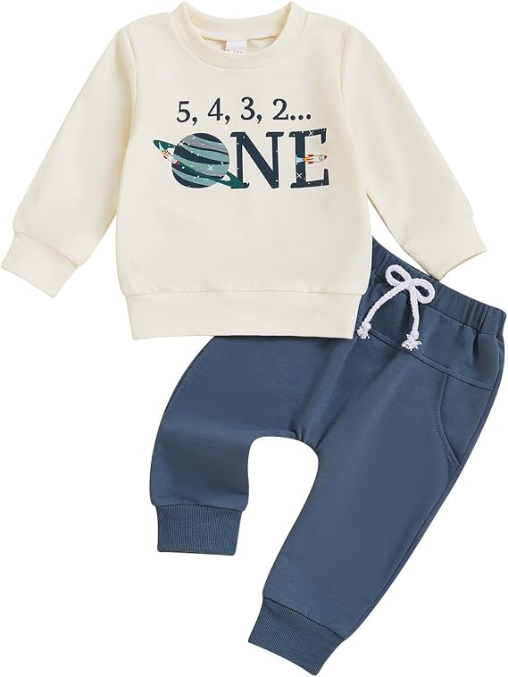 Bonangber Baby Boy First Birthday Outfit Letters Printed Long Sleeve Crewneck Sweatshirt Tops Pants Cute Cake Smash Outfit