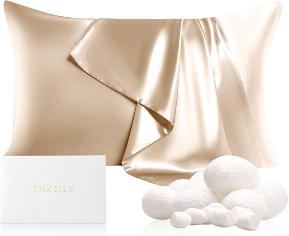 THXSILK 100% Mulberry Silk Pillowcase for Hair and Skin Health, 22 Momme Soft and Smooth Pillowcase with Hidden Zipper, Both Sides Premium Grade 6A Silk, 1pc(Standard 20"x26", Beige)
