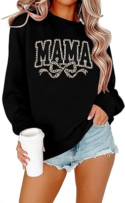 SFHFY Mama Crewneck Sweatshirt Women: Casual Mom Long Sleeve Shirt Bow Mama Letter Print Pullover Top