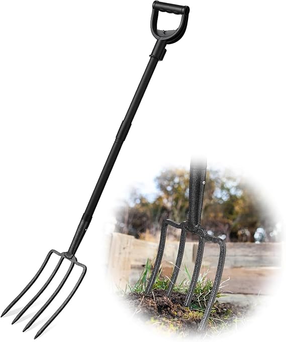 127 cm Manure Fork Spade Fork for Hard 4-Prong Spade Fork with D-Handle Metal Digging Fork for Digging and Loosening / Black