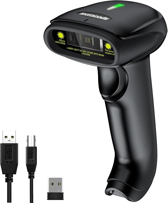 USB Wireless Barcode Scanner,Symcode 2.4GHz Handheld Automatic 1D Laser Barcode Scanner Reader 328 Feet Transmission Distance Rechargeable 1D Laser Bar Code Scanner