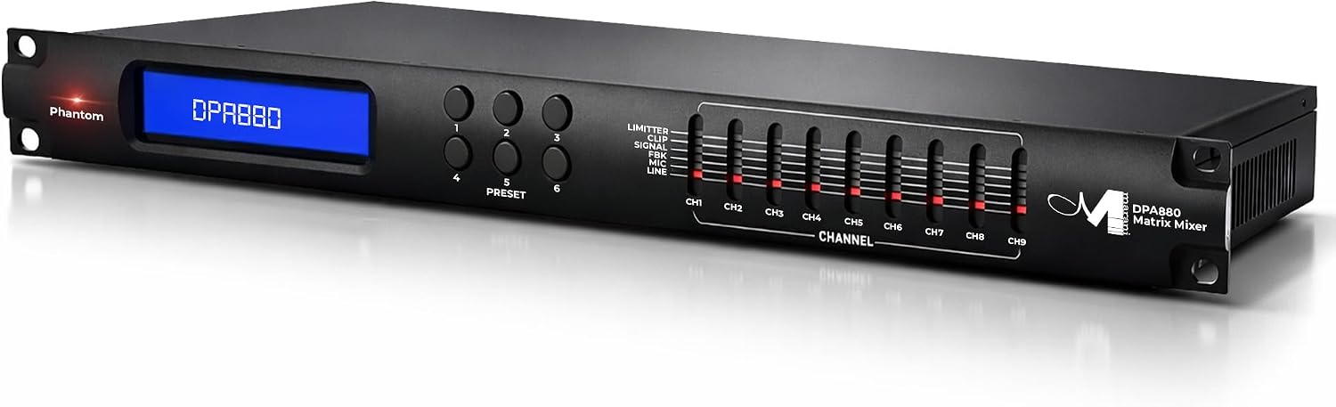 MARANI 8x8 Matrix Switch DSP System, Audio Matrix with USB/RS485 Control, Phantom Power, 6 Presets, LCD Display, Feedback Eliminator, 5-Band EQ, 48V Mic Inputs, 8 Inputs & Outputs