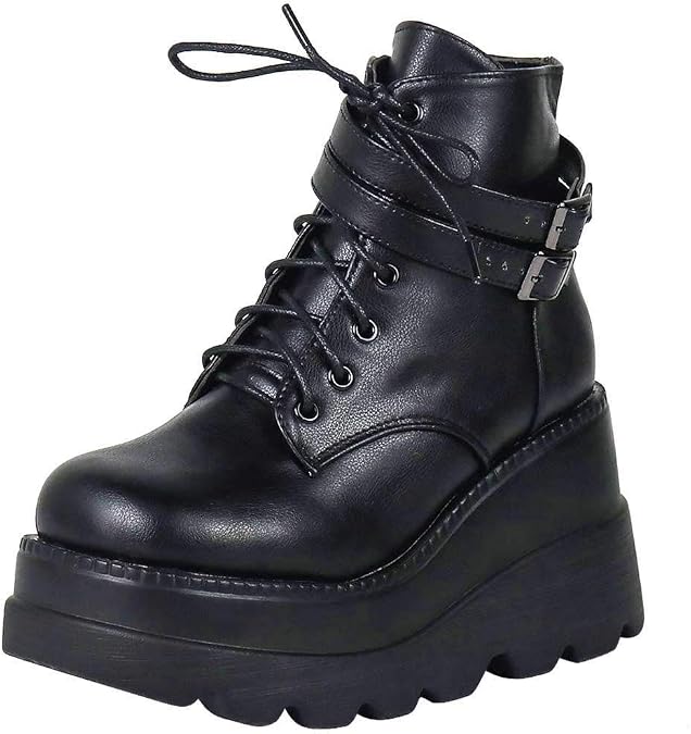 Platform Boots Goth Shoes, Goth Boots, Chunky Platform Boots for Women Black Lace Up Round Toe Zip High Heel Combat Motorcycle Wedge Ankle Boots (BLACK,9.5)