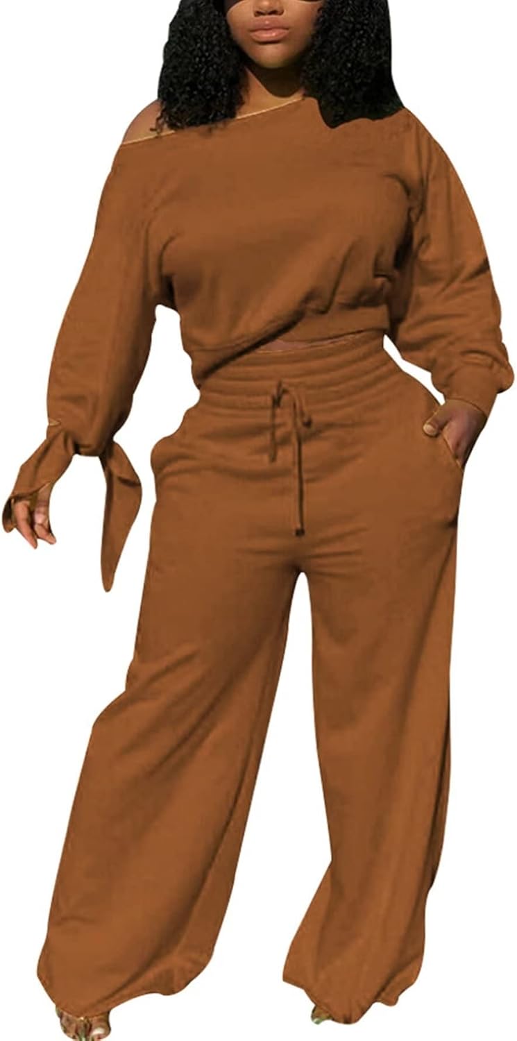 MRSYVES Solid 2 Piece Outfits for Women Sexy Clubwear Plus Size and Off Shoulder Long Sleeve Shirt Loose Pants Set Tracksuit