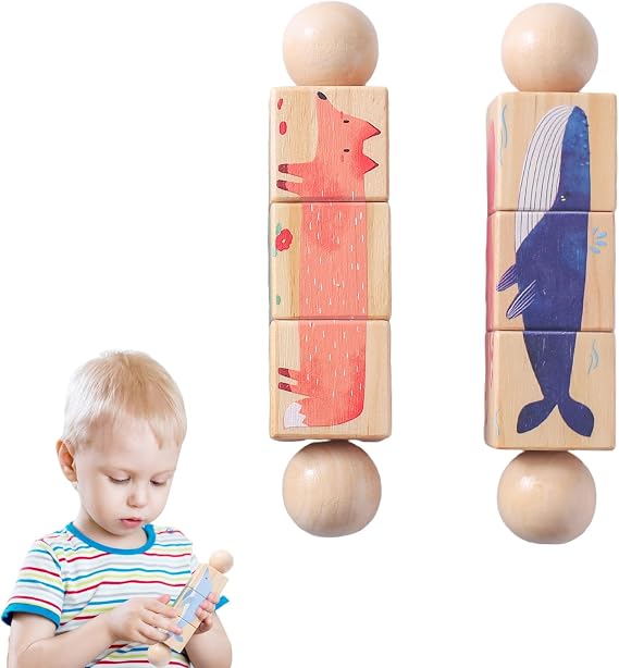 Wooden Animal Puzzle Toy for Toddlers 1-3, Rotating Spin Twist Blocks Set of 2, Learning Educational Montessori Toy Gifts for Kids Boys Girls, Whale and Fox