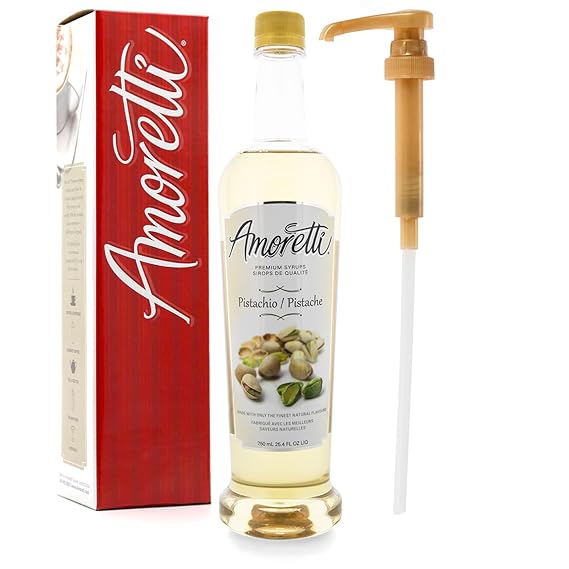 Amoretti - Premium Pistachio Syrup, 94 Servings Per Bottle (750 ml), with Pump for Flavoring Coffees, Cocktails, and other Beverages, Gluten Free, GMO/GEO Free, Preservative Free
