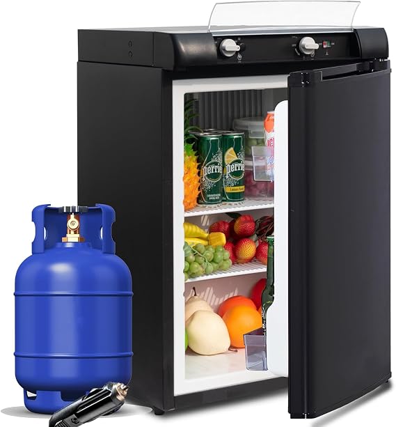 2.1 Cu.ft Propane Fridge LPG 12V 3 Way Fridge Outdoors Refrigerator Gas Refrigerator without Freezer Propane/110V/12V Fridge for Camping, RV, Motorhome and Campervan, Black