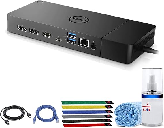 Dell WD19S 130W Computer Docking Station (USB, USB-C, DisplayPort, HDMI, Ethernet Ports) 1-Pack Bundle with LCD Cleaning Kit, Ethernet + HDMI Cable, and (6) Electronics Basket Cable Ties