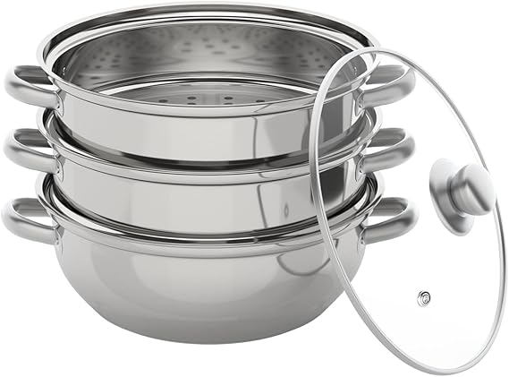 Steamer for Cooking - 3/5 Tier, Steamer Stainless Steel Cookware with Glass Lid, Stainless Steel Stack and Steam Pot Set, Suitable for Magnetic Stoves, Electric Stoves, and Gas Stoves, Multiple Sizes (3-Tier-11in)
