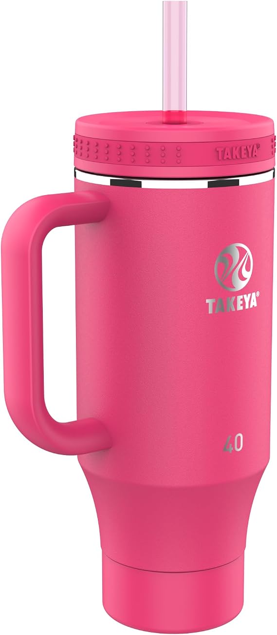 Takeya Stainless Steel Tumbler with Handle and Straw (40 oz, Dragonfruit) - Insulated Water Bottle with Straw for Water & Iced Beverages