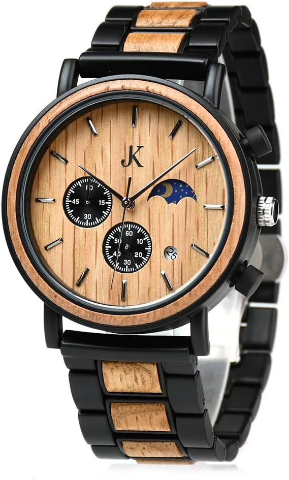 Kim Johanson Mens Military Wooden Stainless Steel Watch in Light Brown Chronograph with Sun & Moon Display and Link Bracelet Handmade Quartz Analogue Watch with Gift Box brown Bracelet