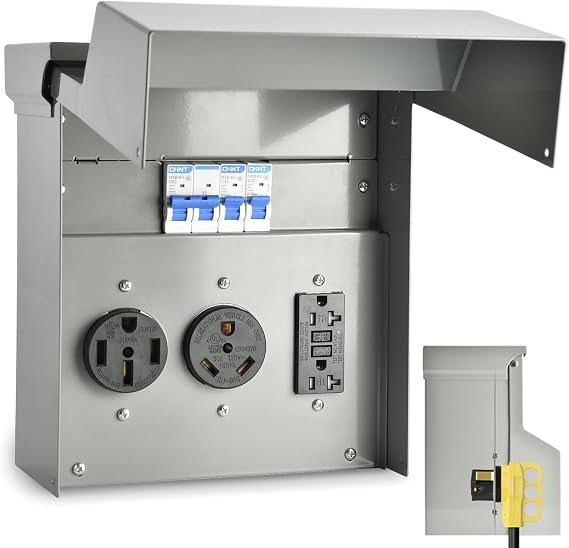 RV Electrical Panel with Breaker, Temporary Power RV Outlet Box with 20 30 50 Amp Receptacle, Weatherproof RV Electrical Power Outlet Power for Hookup Camper Travel Trailer Motorhome