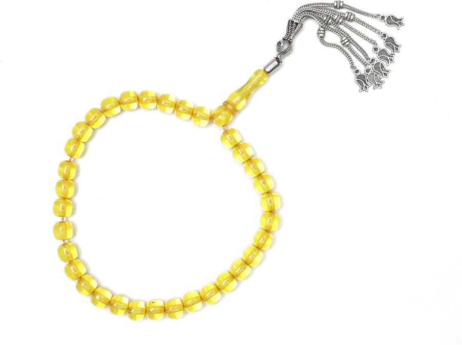 MUSLIM DHIKR BEADS Small 33-ct Tasbih 9x8-mm Barrel-shaped Acrylic Amber-color Muslim Prayer Salat Tesbih Sibha Misbaha from Konya, 6 Foxtail Tassels with Tulip Charms NO Dividers