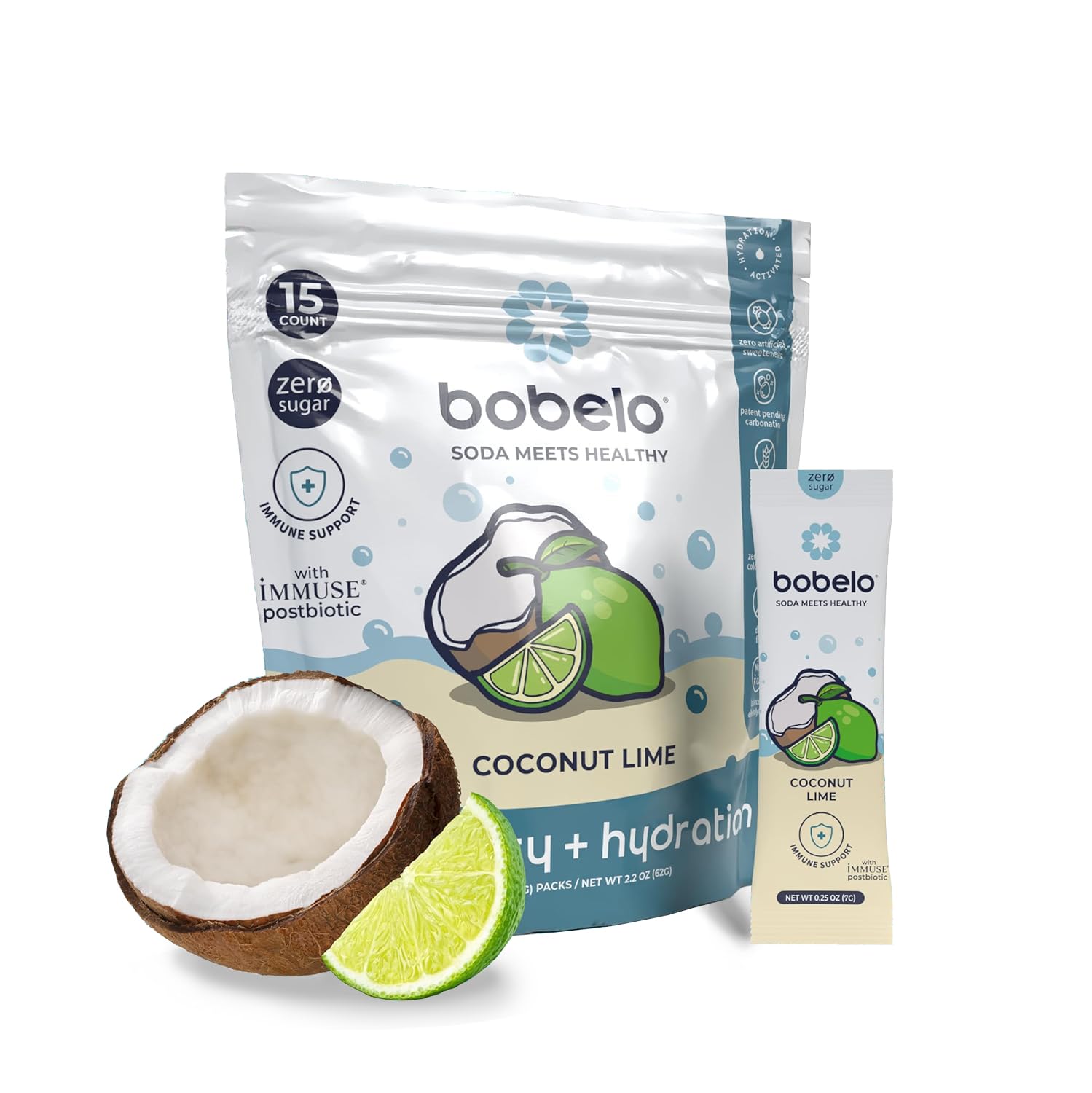 Bobelo Self Carbonating Hydration Packets - Coconut Lime Flavor 15ct | Low Calorie Electrolyte Drink Mix | Keto Friendly, Sugar Free Water Enhancer | Soda Sparkling Water Alternative