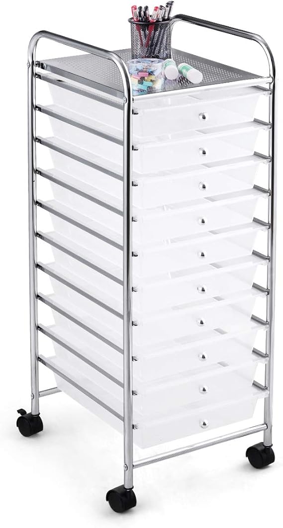 RELAX4LIFE Storage Cart W/10 Drawers,Rolling Wheels Mobile Cart | 34"H Metal Frame, Semi-Transparent Removable Drawers Rolling Wheels For Office School Home Beauty Salon File Craft Storage
