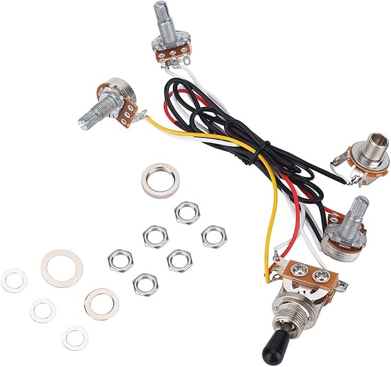Electric Guitar Wiring Kit, Complete 3-Way Switch Harness with 2 Volume 1 Tone 500K Pots, Professional Guitar Electronics Kit for Musicians, DIY Builders, Repair Technicians, Bass Guitar Modifications