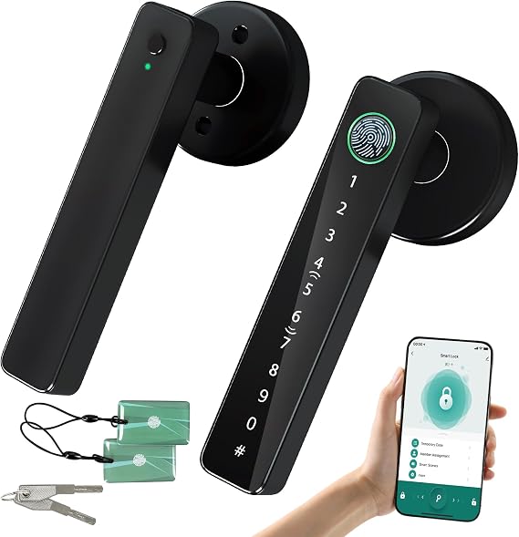 Keyless Entry Fingerprint Smart Door Lock with Handle, Digital Electronic Lock with Touchscreen Keypad, Door Locks for Bedrooms/Front Door/Apartment, Generate Password Remotely