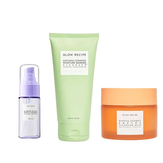 Glow Recipe Triple Cleanse Trio - Blueberry Gentle Cleanser Mini Gentle Cleanser (30ml) + Avocado Moisture Barrier Cleanser (150ml)+ Papaya Cleansing Balm (100ml)
