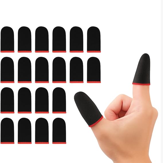 20 Pcs Gaming Finger Sleeves - Perfect Touchscreen Glide - Thumb Sleeve for Mobile Games - Finger Glove Covers - Anti-Sweat, Extremely Thin, Red Edge - Size 1.5 x 0.7 in