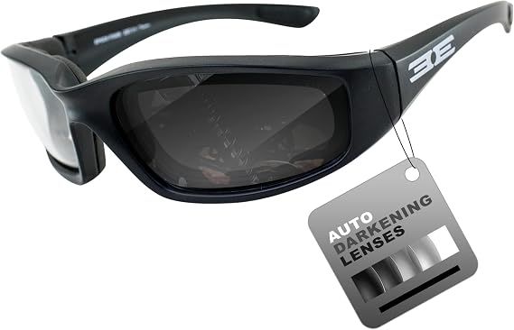 Epoch Eyewear Photochromic Auto-Darkening Motorcycle Sunglasses Foam Padded Black Frame w/Clear to Smoke Lens