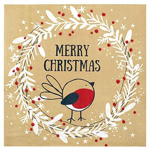 Christmas Napkins Paper Cute, Festive Wreath & Bird PrintBrown Recycled Napkins Decorative Disposable Holiday Dinner, LunchLuncheon, Buffet Brunch Rustic Xmas Party Decor