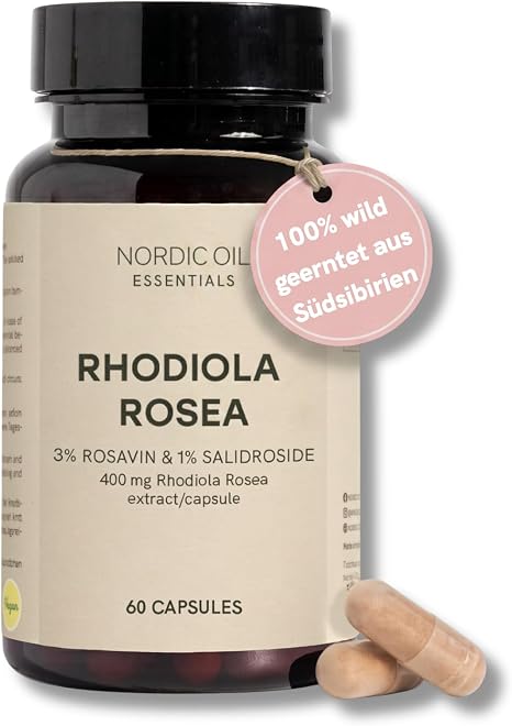 Rhodiola Rosea Capsules 400 mg Rhodiola Extract with 3% Rosavin & 1% Salidroside Wild Harvested from South Siberia For Energy Focus & Resilience Vegan & Laboratory Tested Nordic Oil