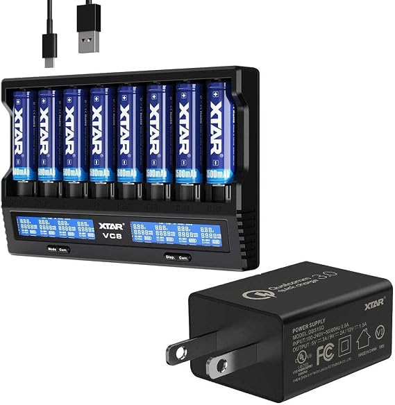 Combo: XTAR VC8 8-Slot Type-C LCD Charger with QC3.0 3Amp Wall Adapter